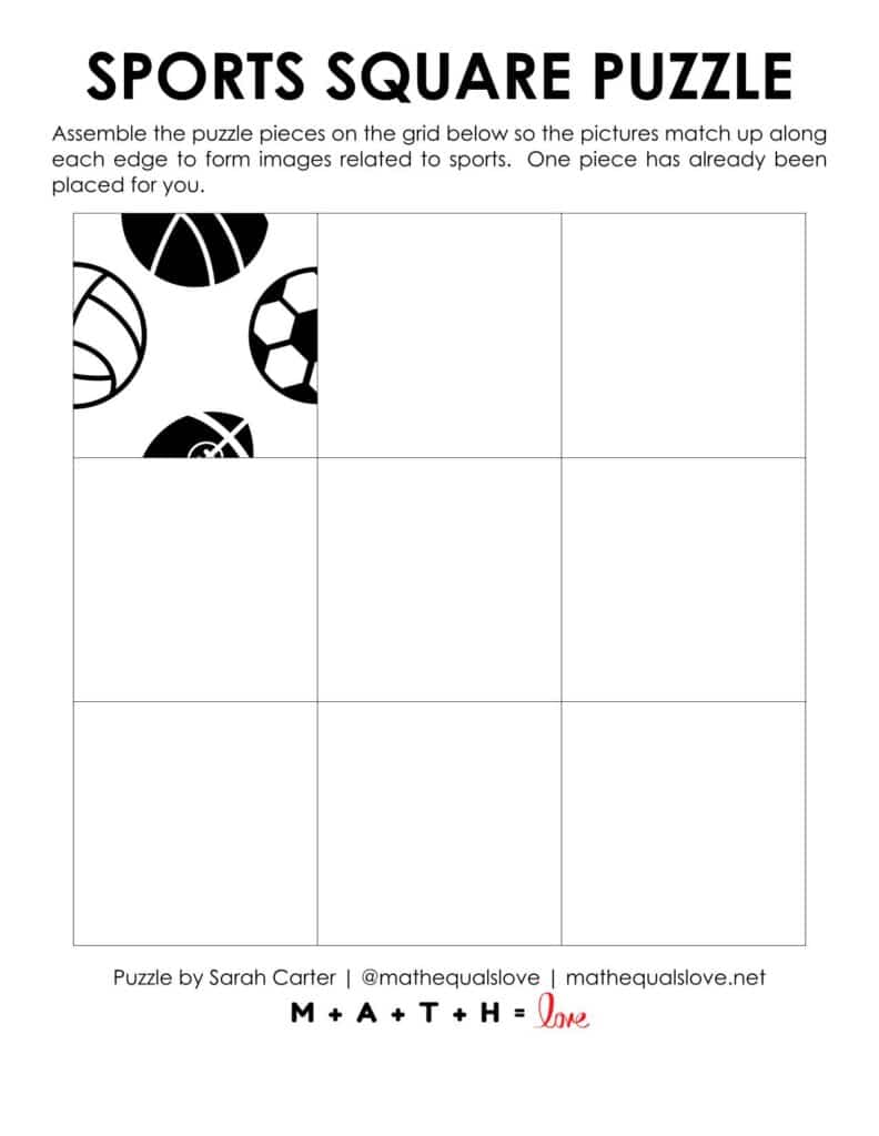 grid with starting hint for solving sports square edge matching puzzle. 
