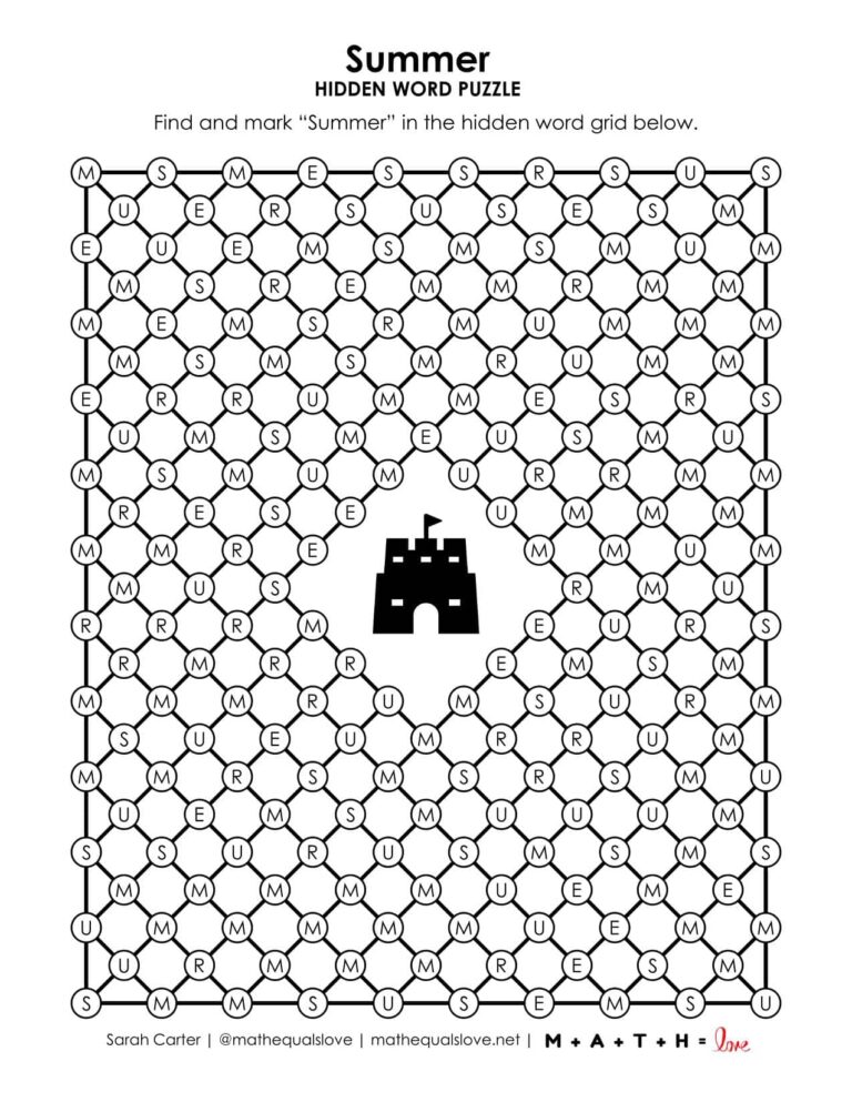 Summer Hidden Word Puzzle | Math = Love
