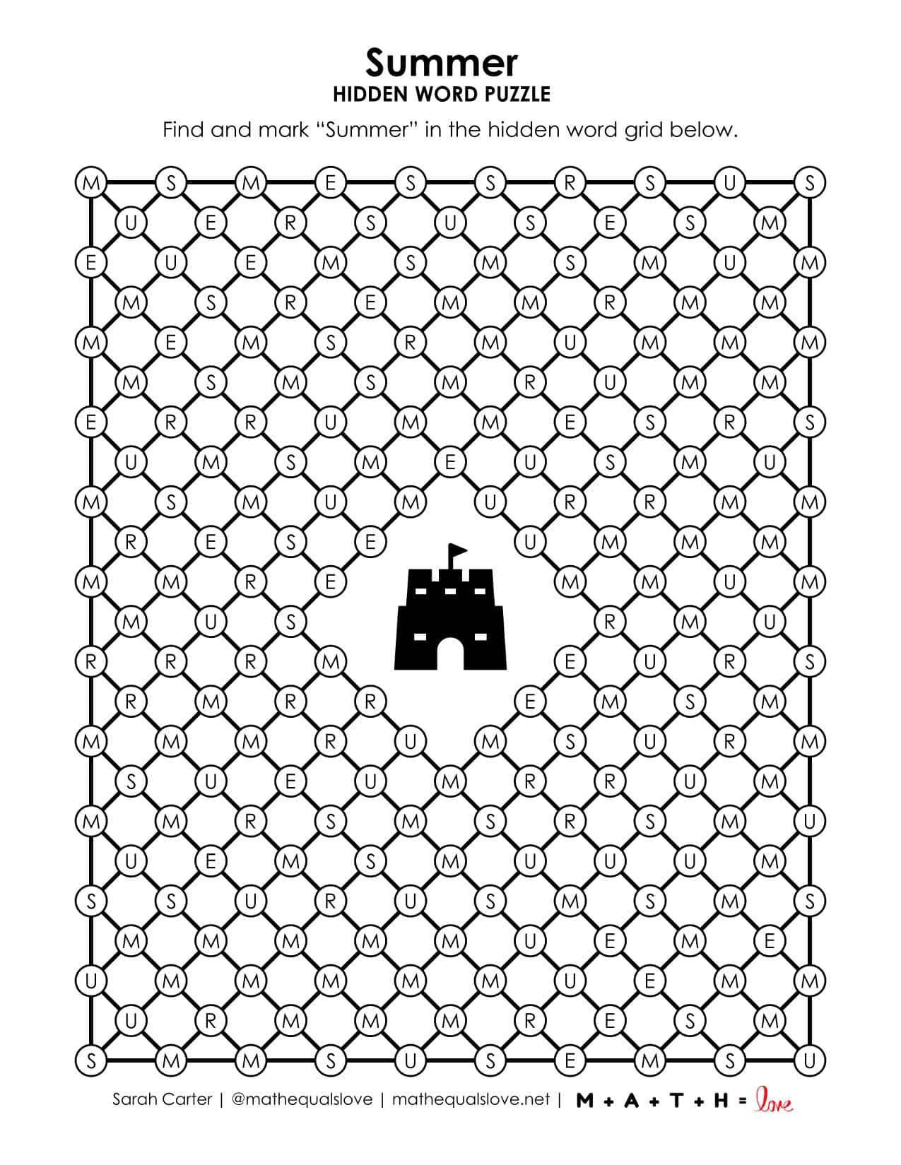 Summer Hidden Word Puzzle | Math = Love