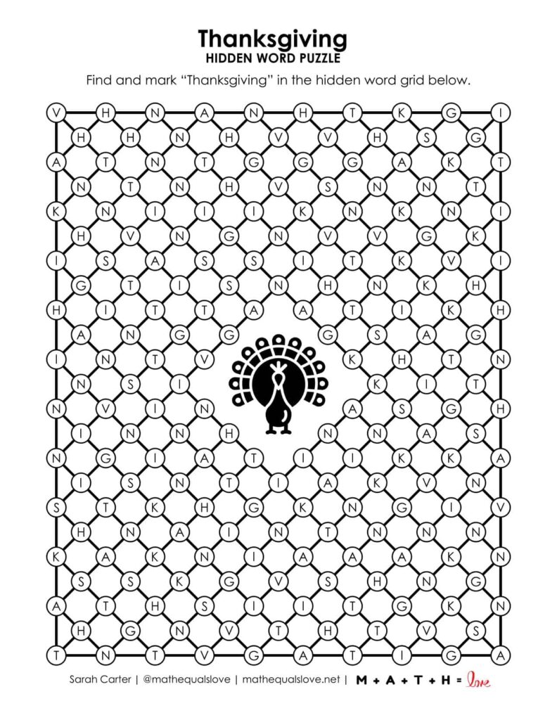 screenshot of thanksgiving hidden word puzzle printable. 