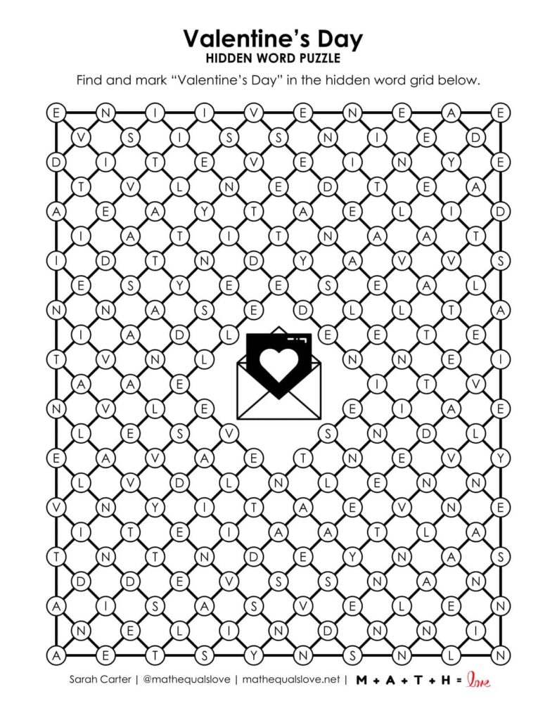 screenshot of valentine's day hidden word puzzle.