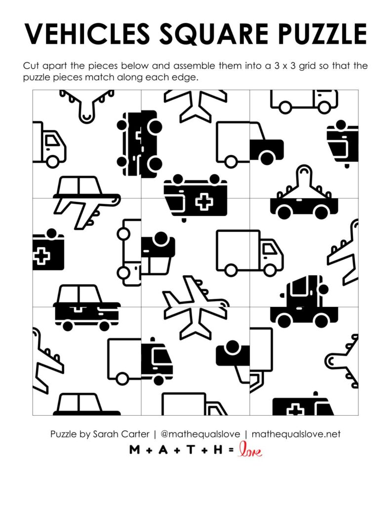 screenshot of vehicles square edge matching puzzle. 