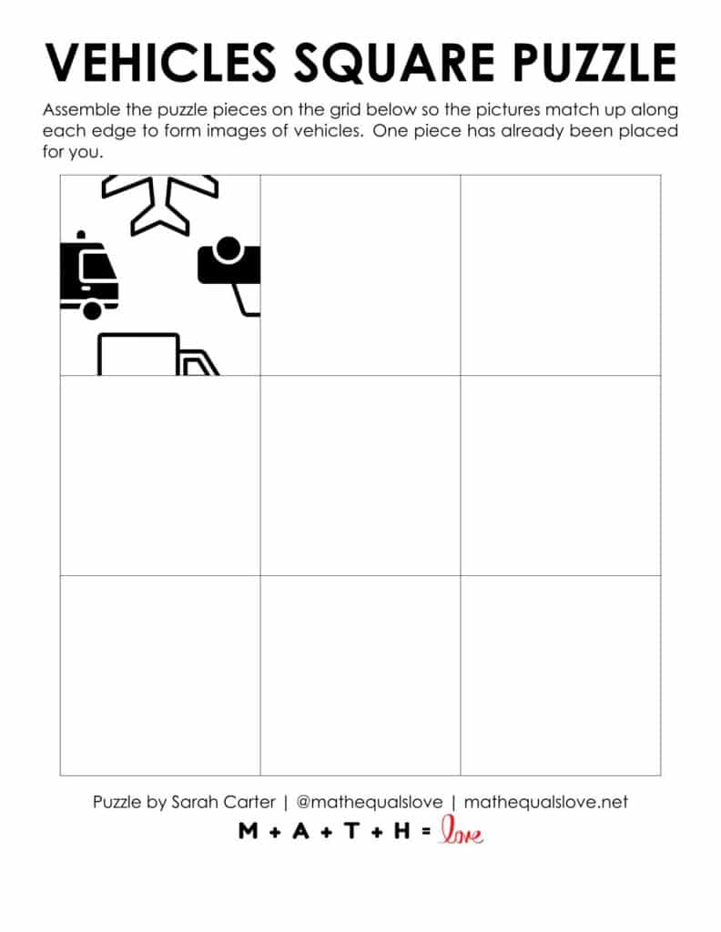 grid with starting hint for vehicle square edge matching puzzle. 