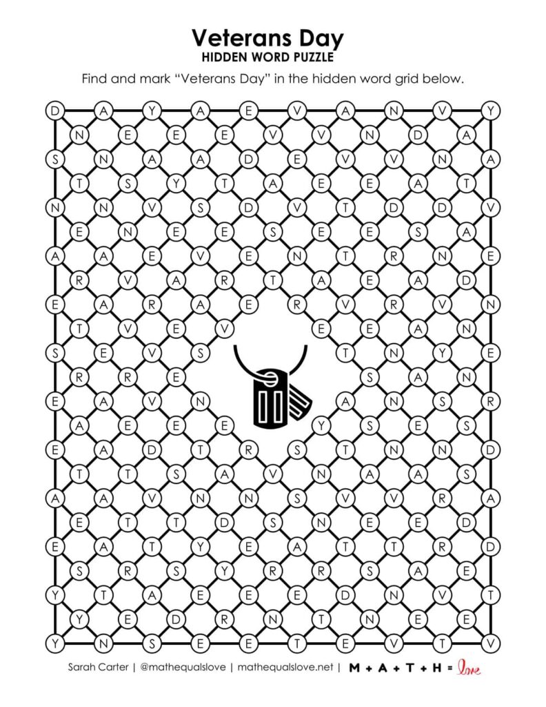 screenshot of veterans day hidden word puzzle printable. 