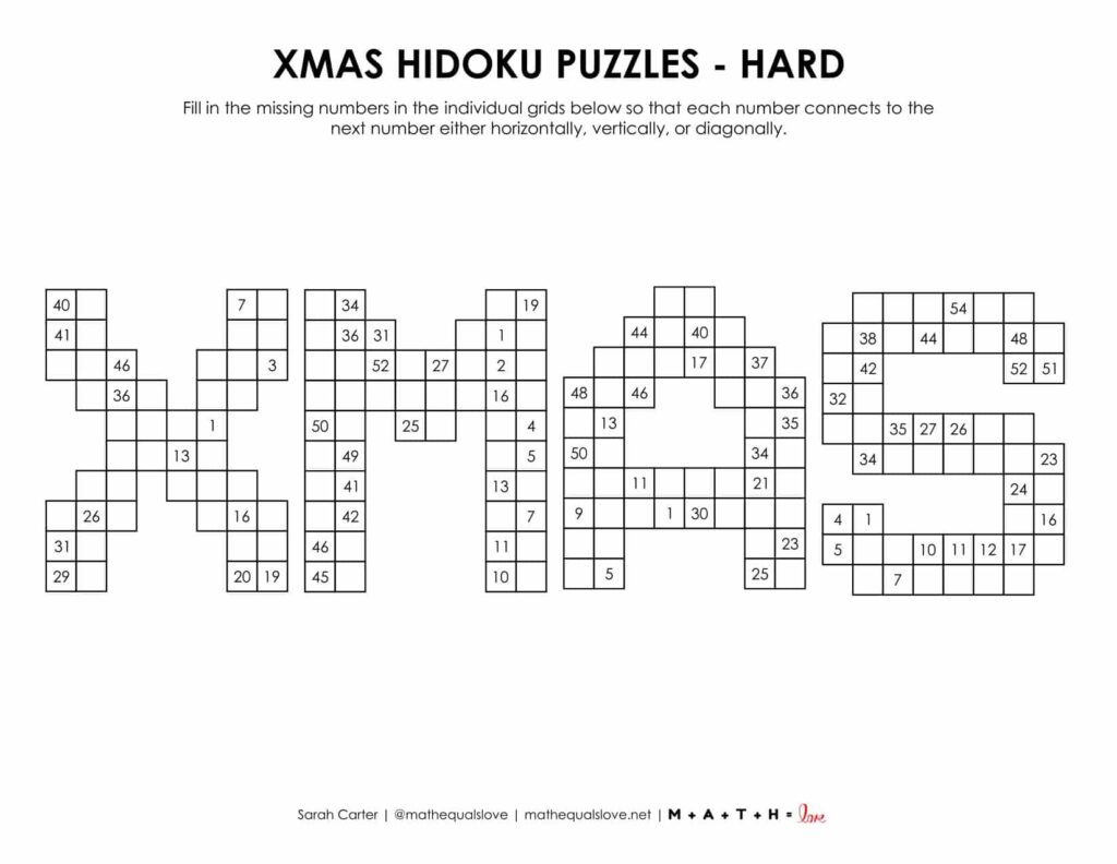 xmas hidoku logic puzzle level hard. 