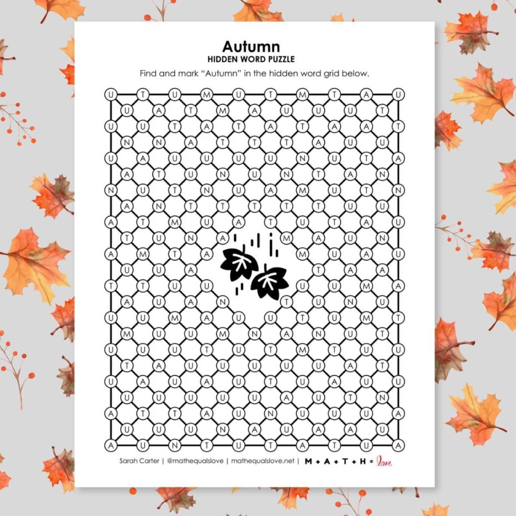 autumn hidden word puzzle printable for fall. 