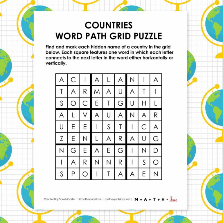 countries word path grid puzzle.