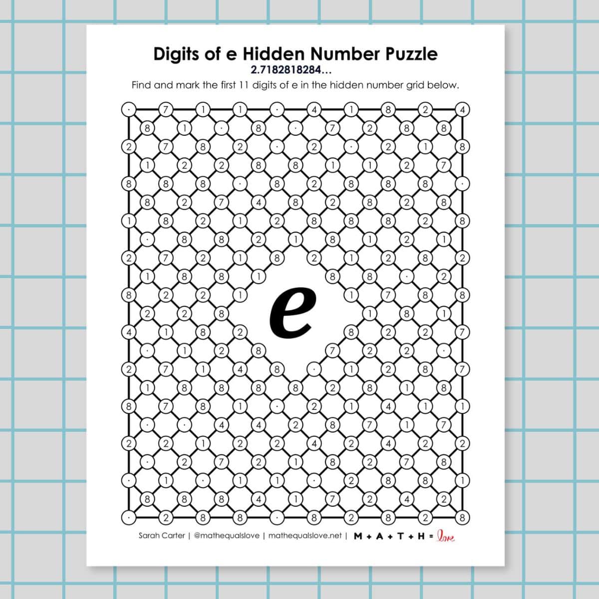 digits of e hidden number puzzle printable for e day.