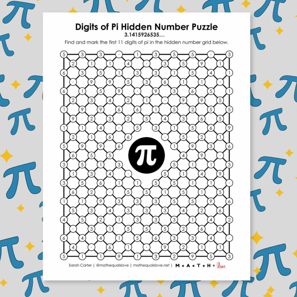 digits of pi hidden number puzzle printable for pi day. 