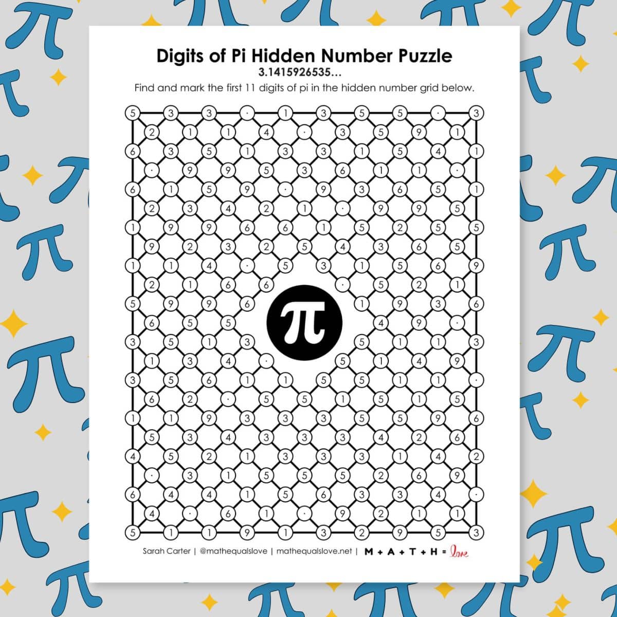 digits of pi hidden number puzzle printable for pi day.