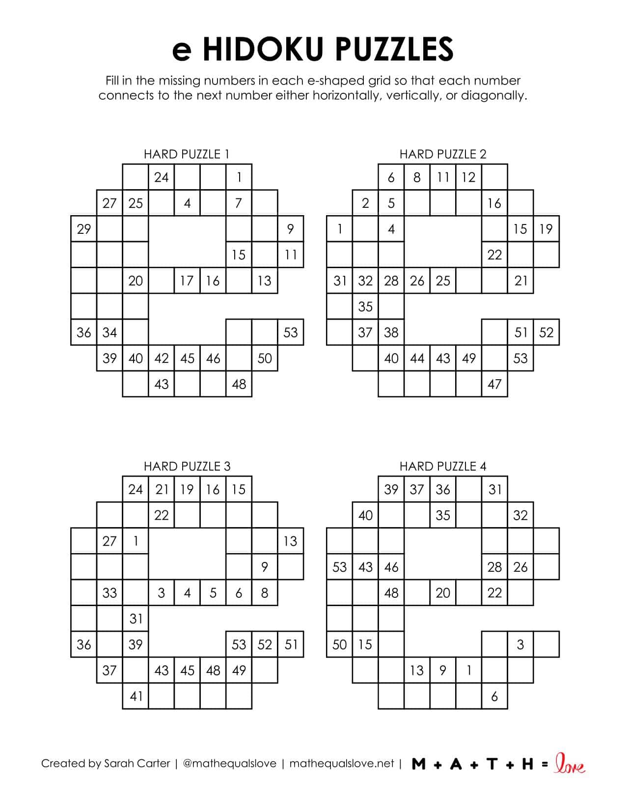 e Hidoku Puzzles | Math = Love