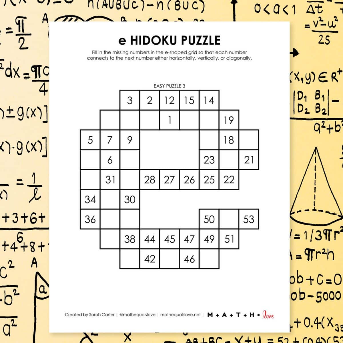 e (euler's constant) hidoku logic puzzle for math club or e day.