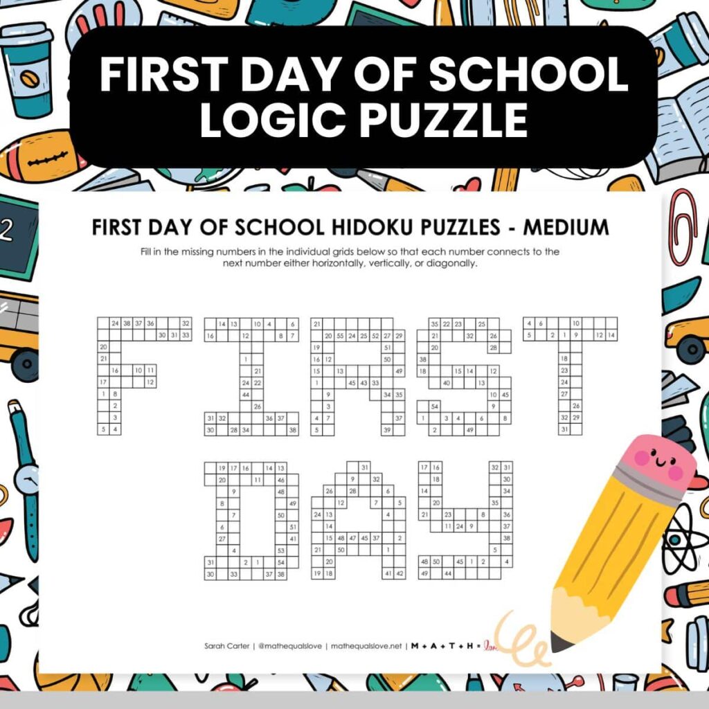 first day of school hidoku logic puzzle printable.