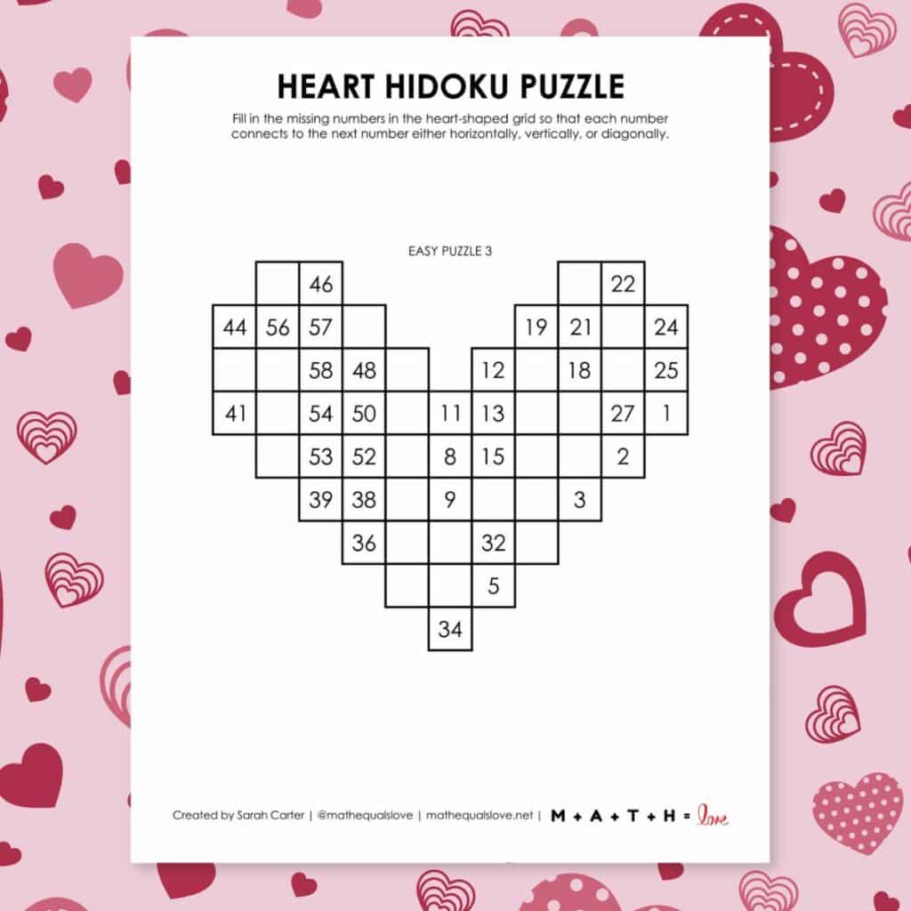 heart hidoku logic puzzle for valentine's day. 