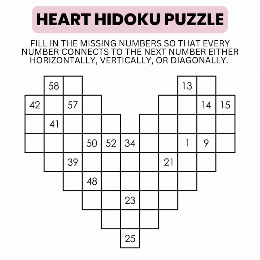 instructions for heart hidoku logic puzzles for valentine's day. 