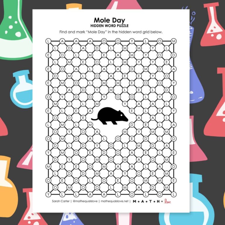 mole day hidden word puzzle printable.