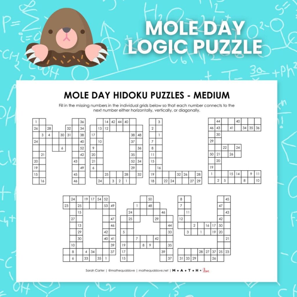 mole day hidoku logic puzzles. 