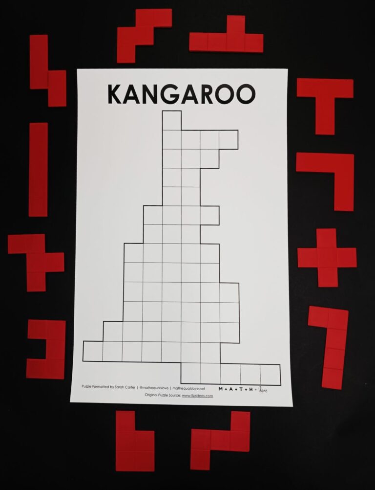 pentominoes kangaroo puzzle surrounded by red pentomino pieces.
