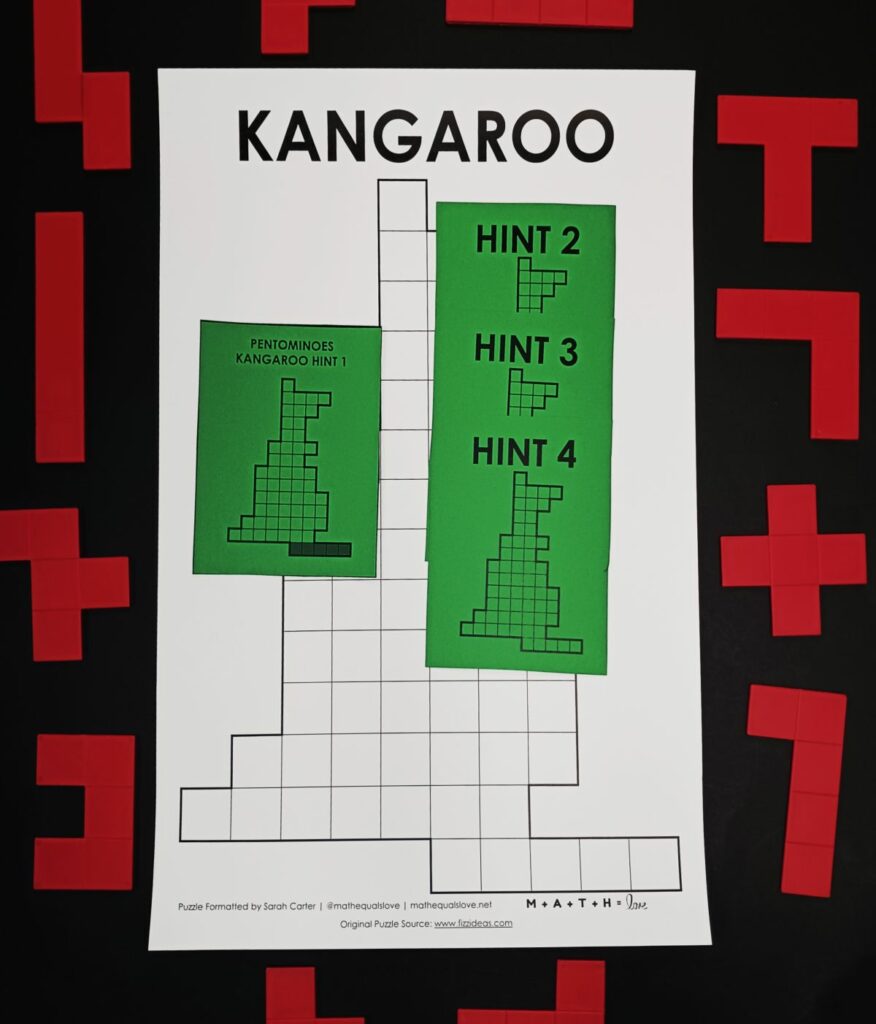 hint cards for kangaroo pentominoes puzzle. 