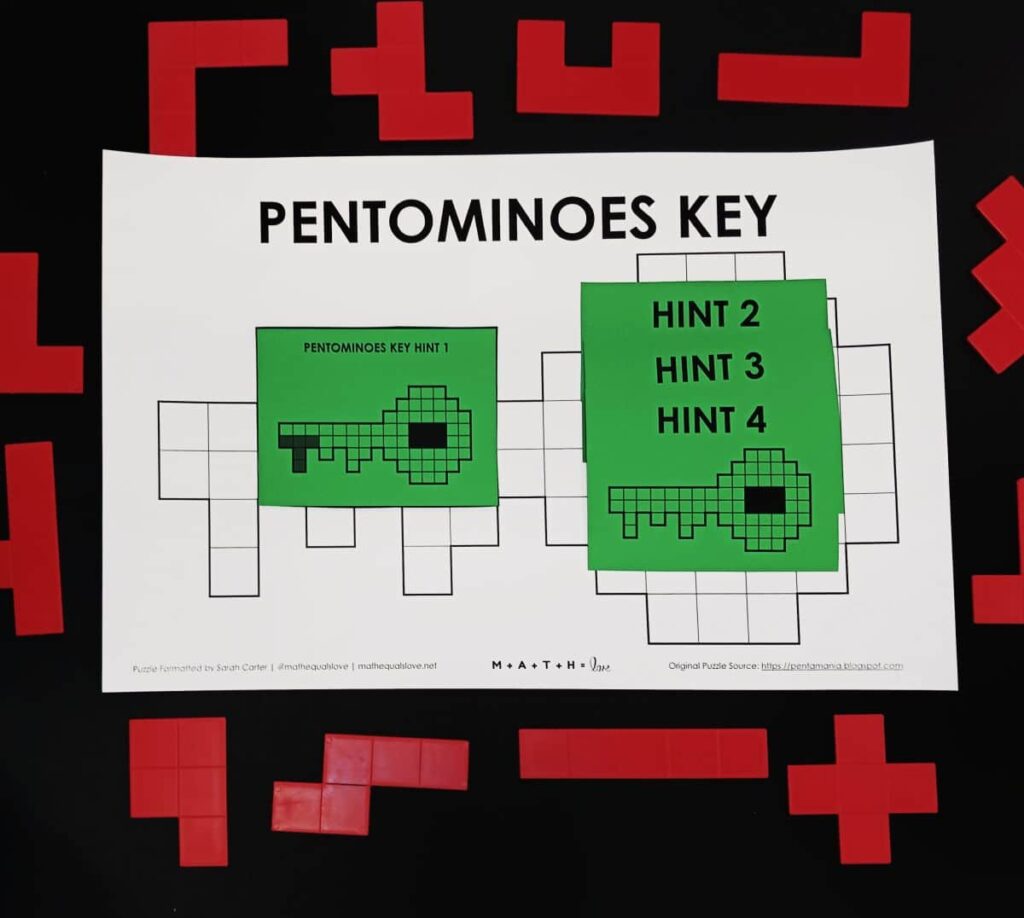 hint cards for pentomino key puzzle.