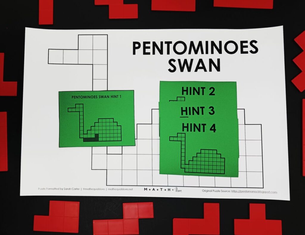 pentomino swan puzzle hint cards. 