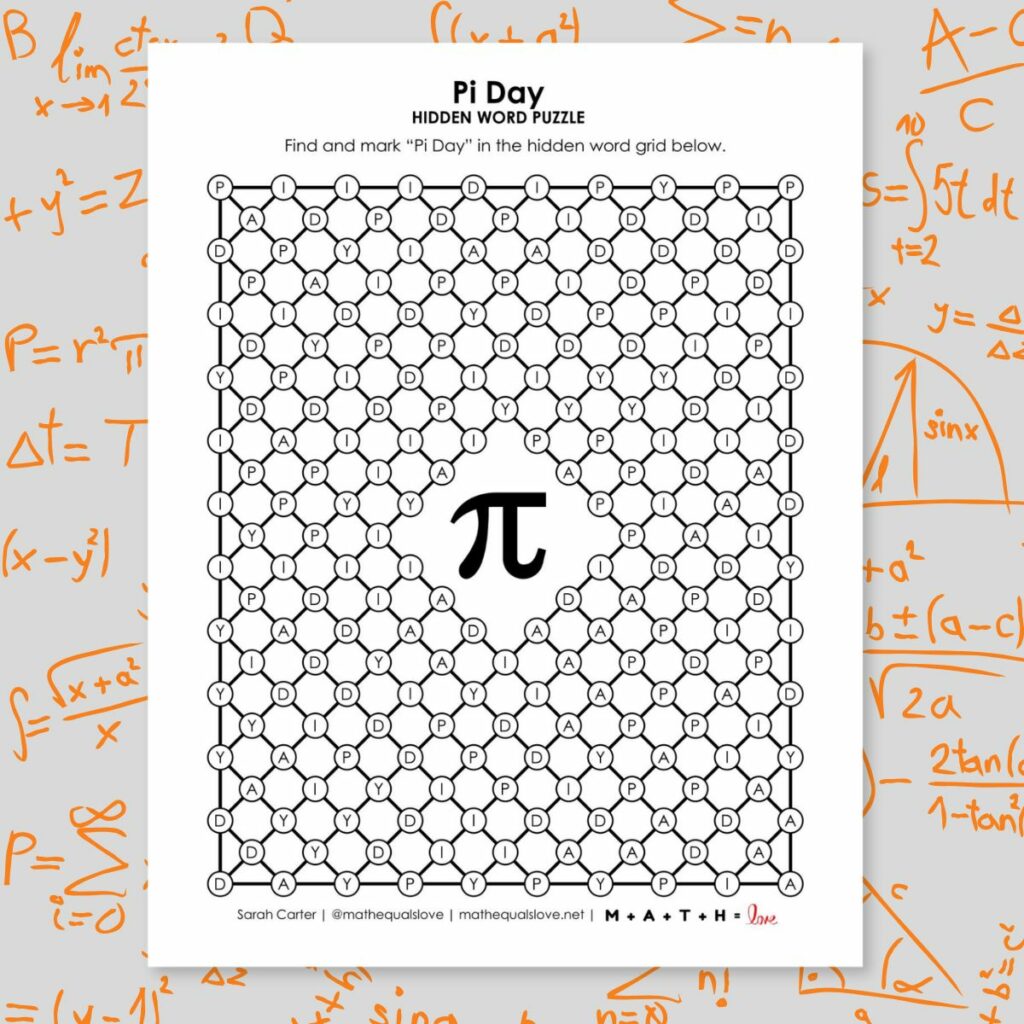 pi day hidden word puzzle printable. 