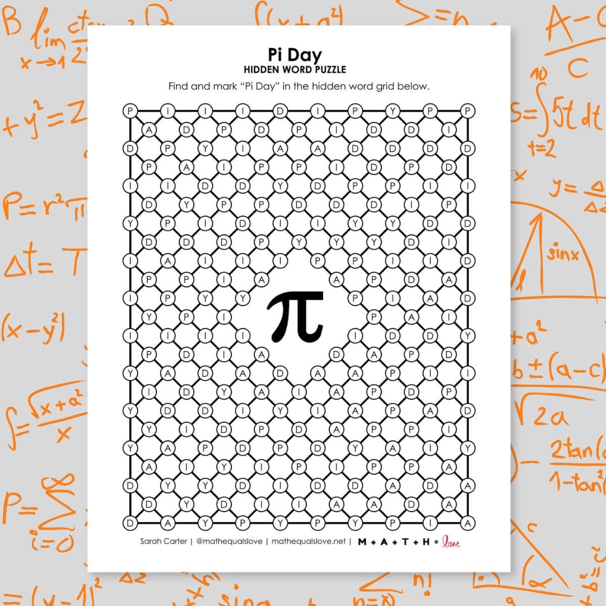 pi day hidden word puzzle printable.