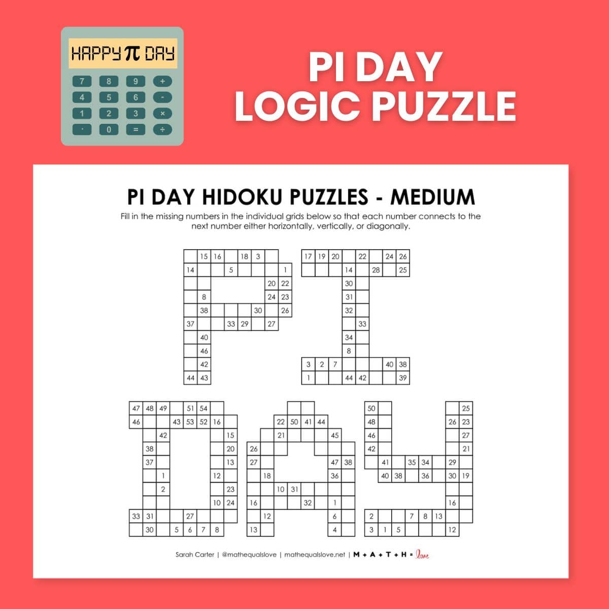 Pi Day Hidoku Logic Puzzles.