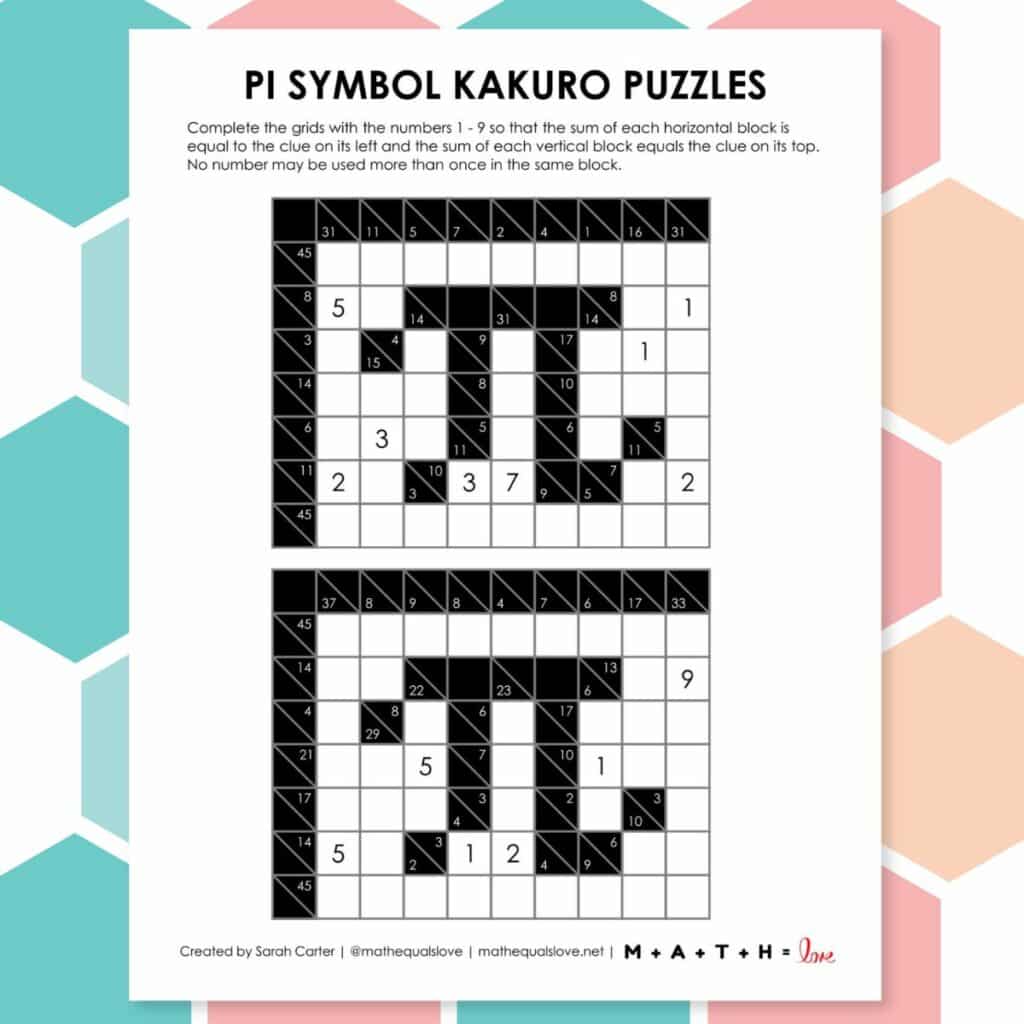 pi symbol kakuro logic puzzles for pi day. 