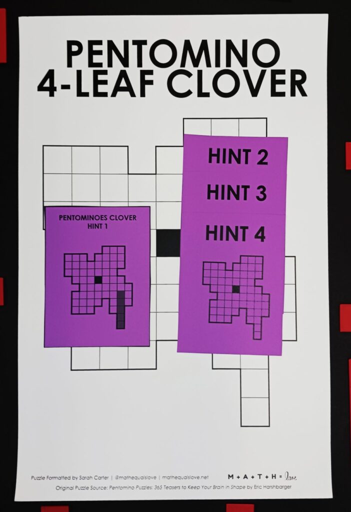 hint cards for pentomino clover puzzle for st patrick's day. 