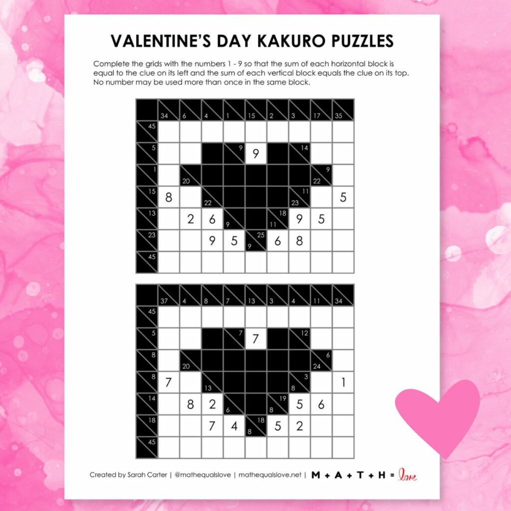 valentines day kakuro puzzles with heart in center. 