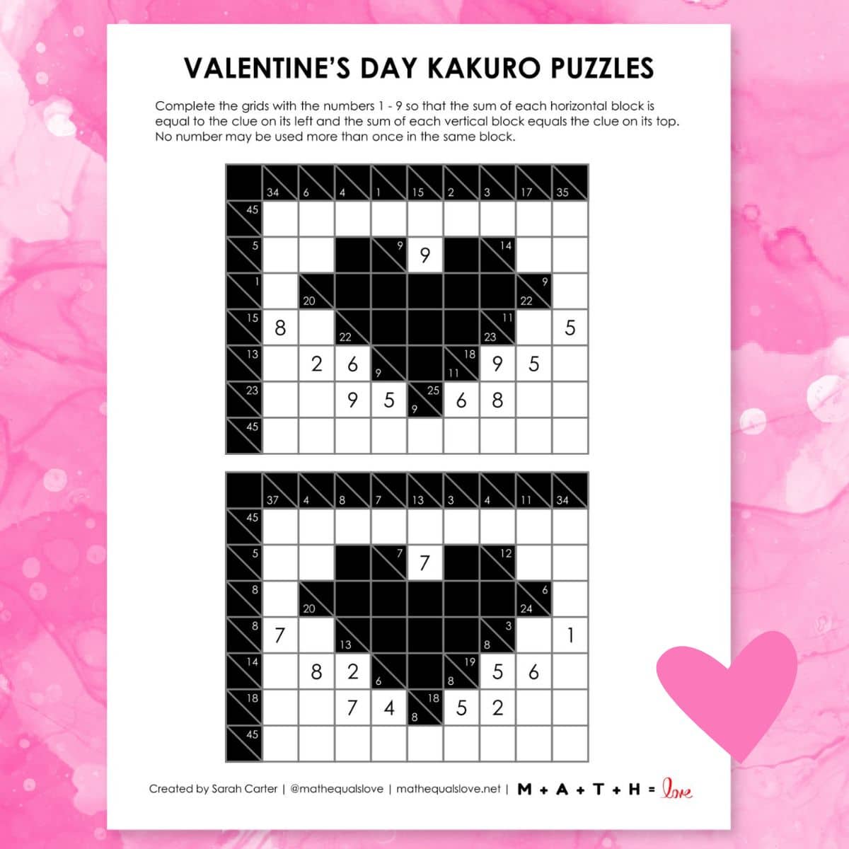 valentines day kakuro puzzles with heart in center.