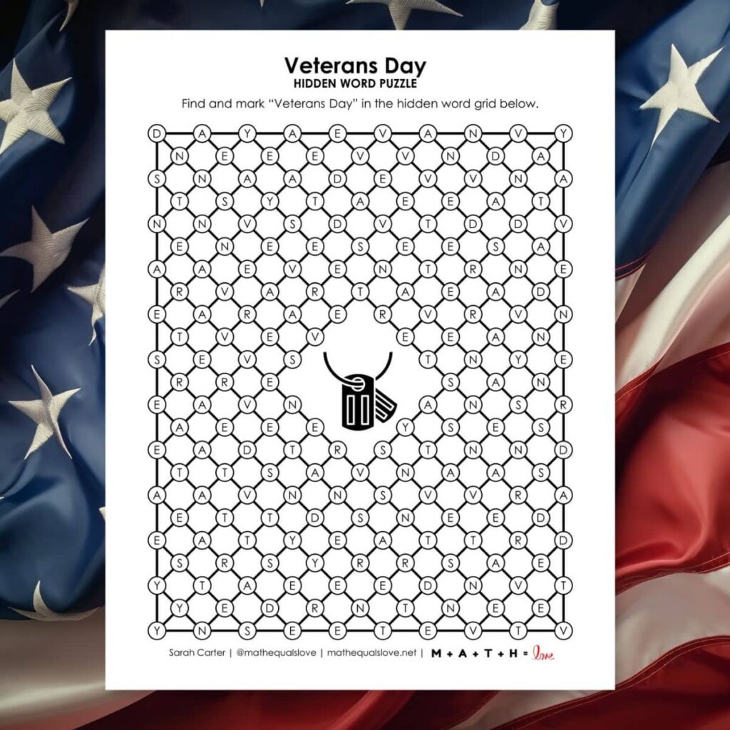 Veterans Day Hidden Word Puzzle.