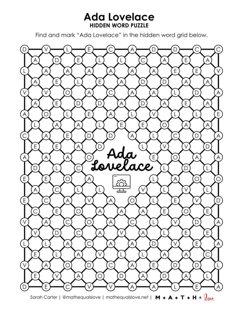 Ada Lovelace Hidden Word Puzzle. 