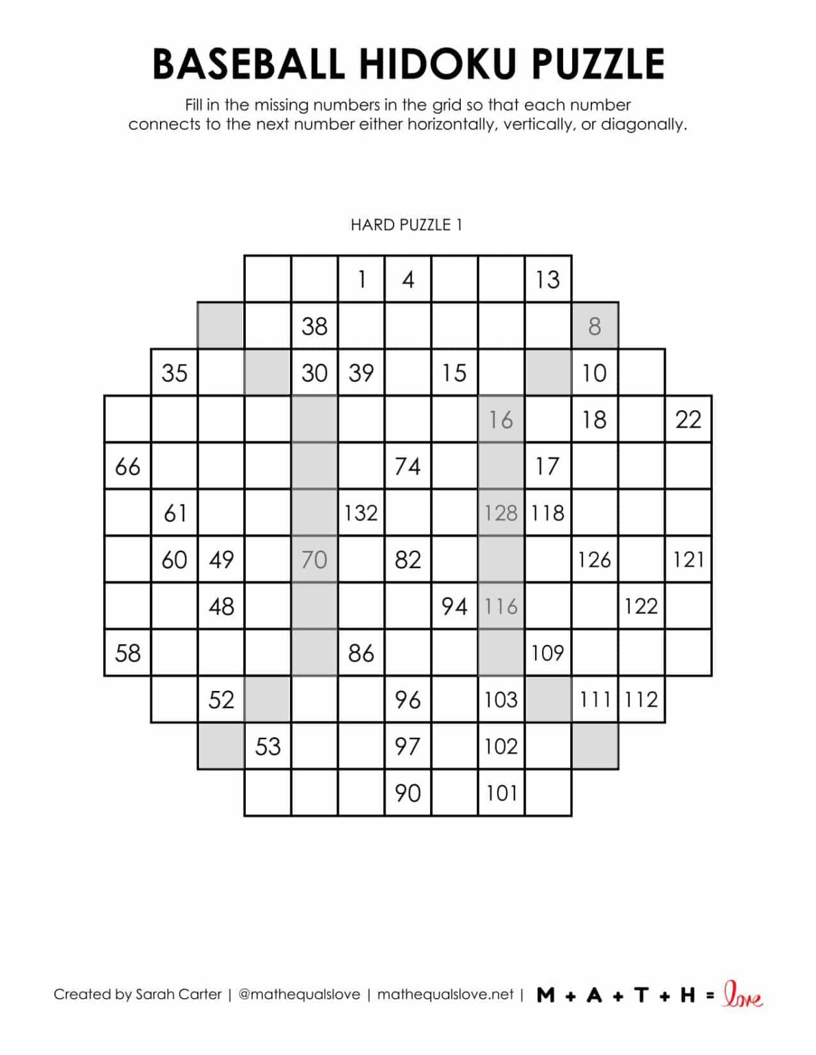 Baseball Hidoku Logic Puzzles | Math = Love