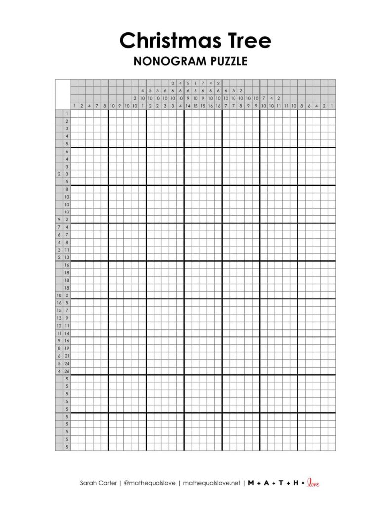 christmas tree nonogram puzzle printable pdf.