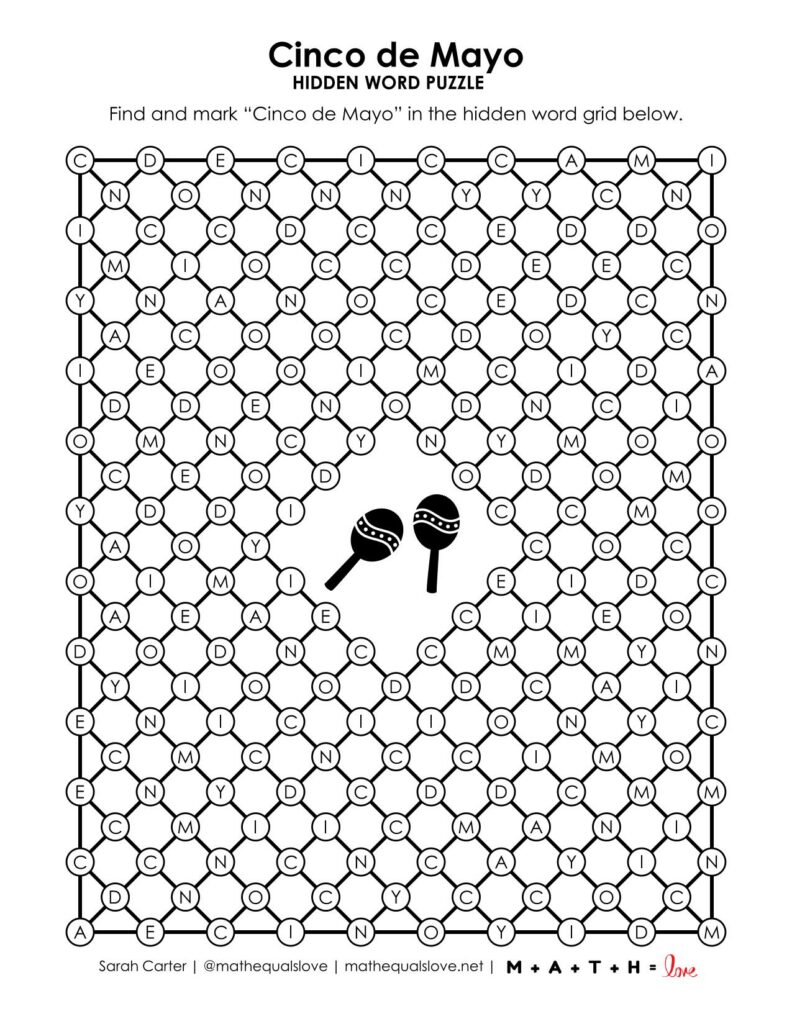 Cinco de Mayo Hidden Word Puzzle. 