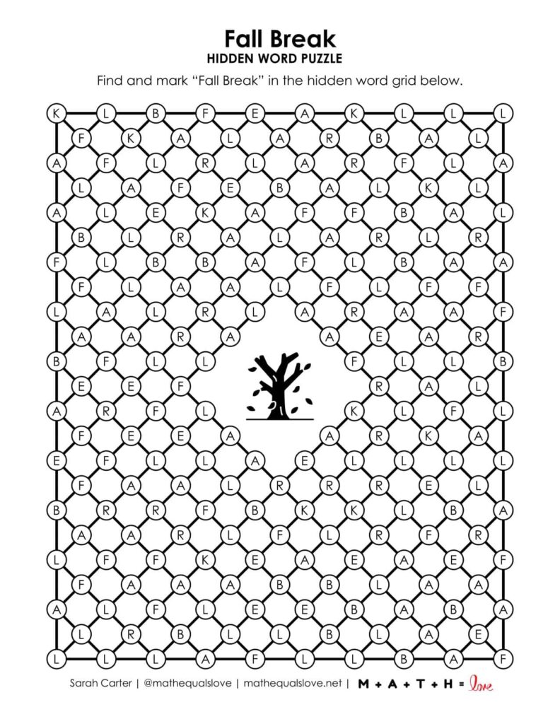 Fall Break Hidden Word Puzzle.