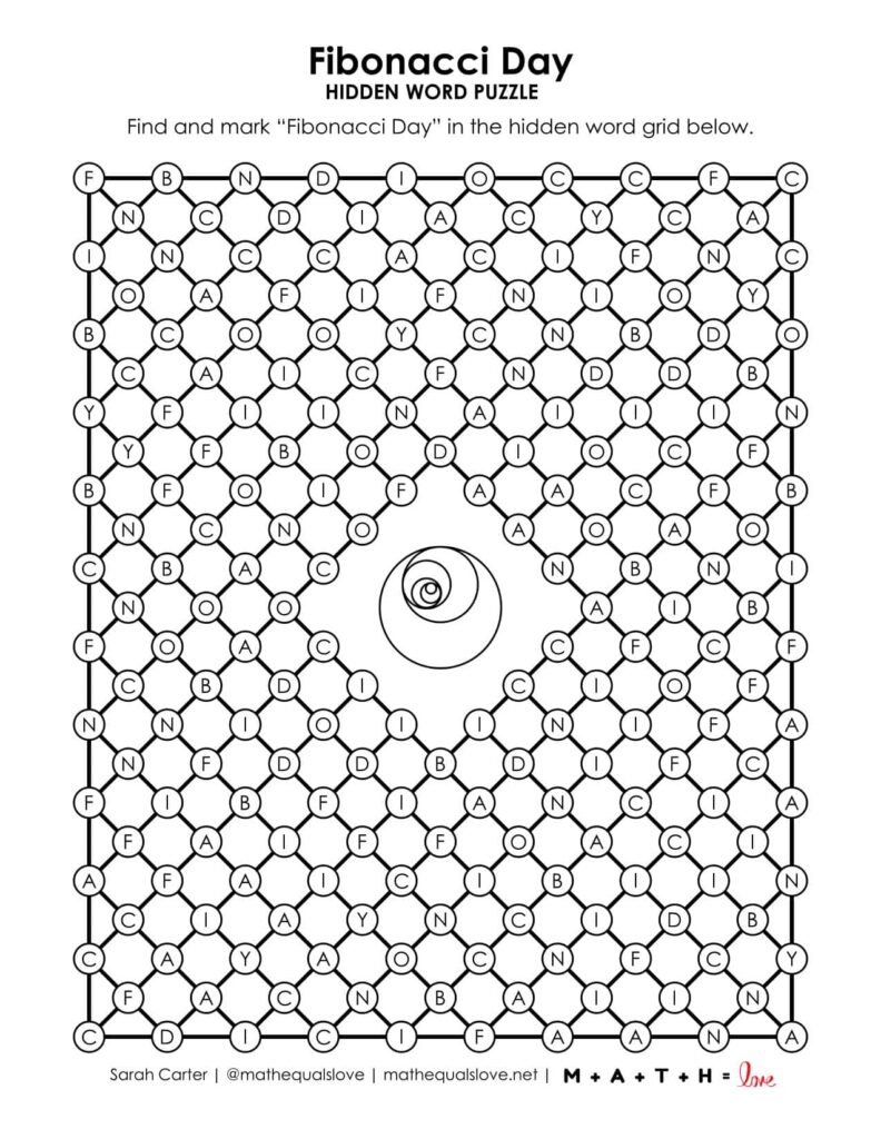 Fibonacci Day Hidden Word Puzzle. 