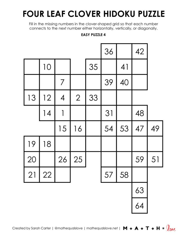 four leaf clover hidoku puzzle for st. patrick's day. 