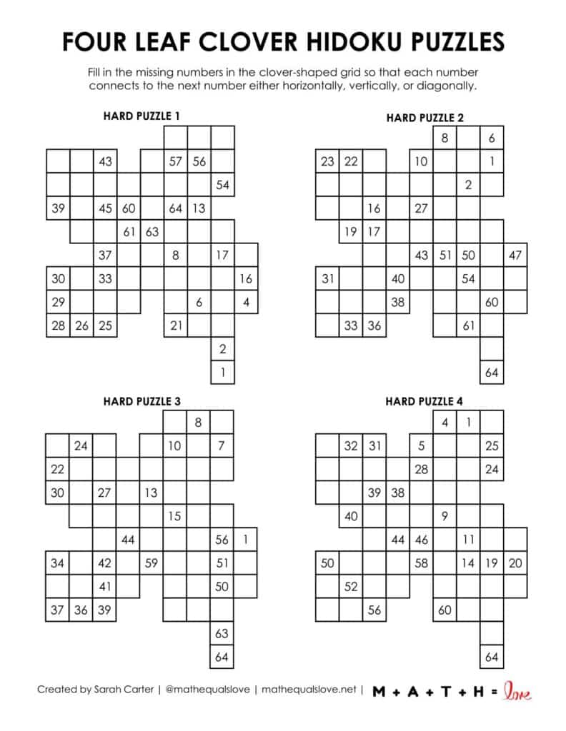 four leaf clover hidoku logic puzzle - level hard. 