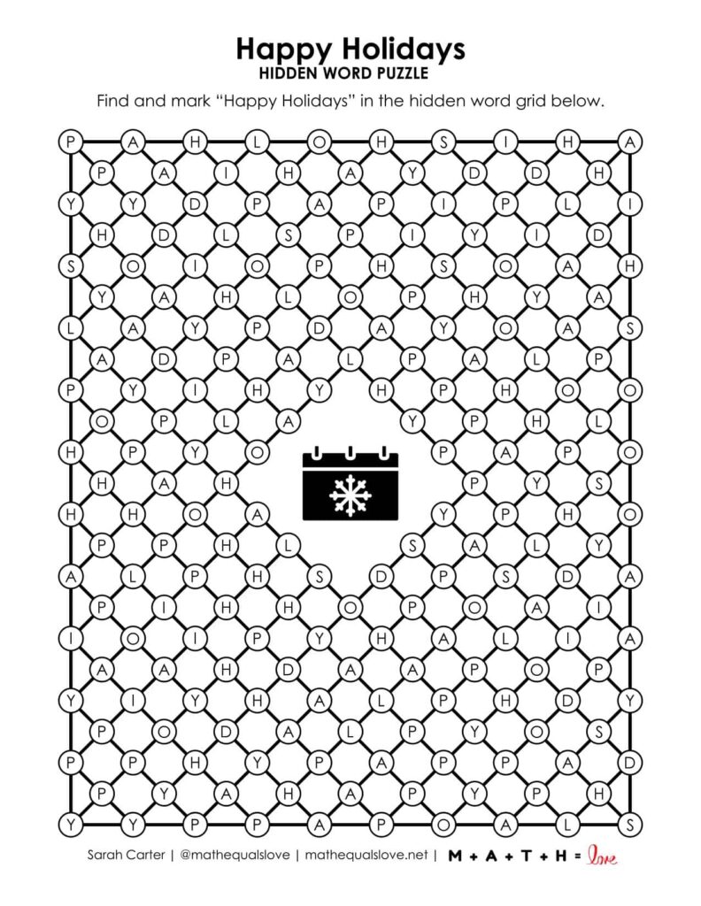 Happy Holidays Hidden Word Puzzle. 