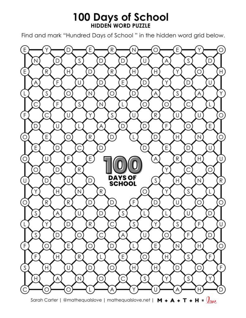 hundred days of school hidden word puzzle printable.