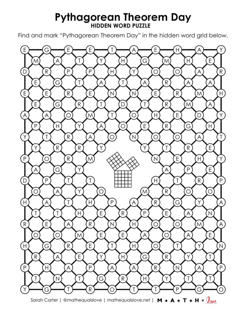 pythagorean theorem day hidden word puzzle printable pdf. 