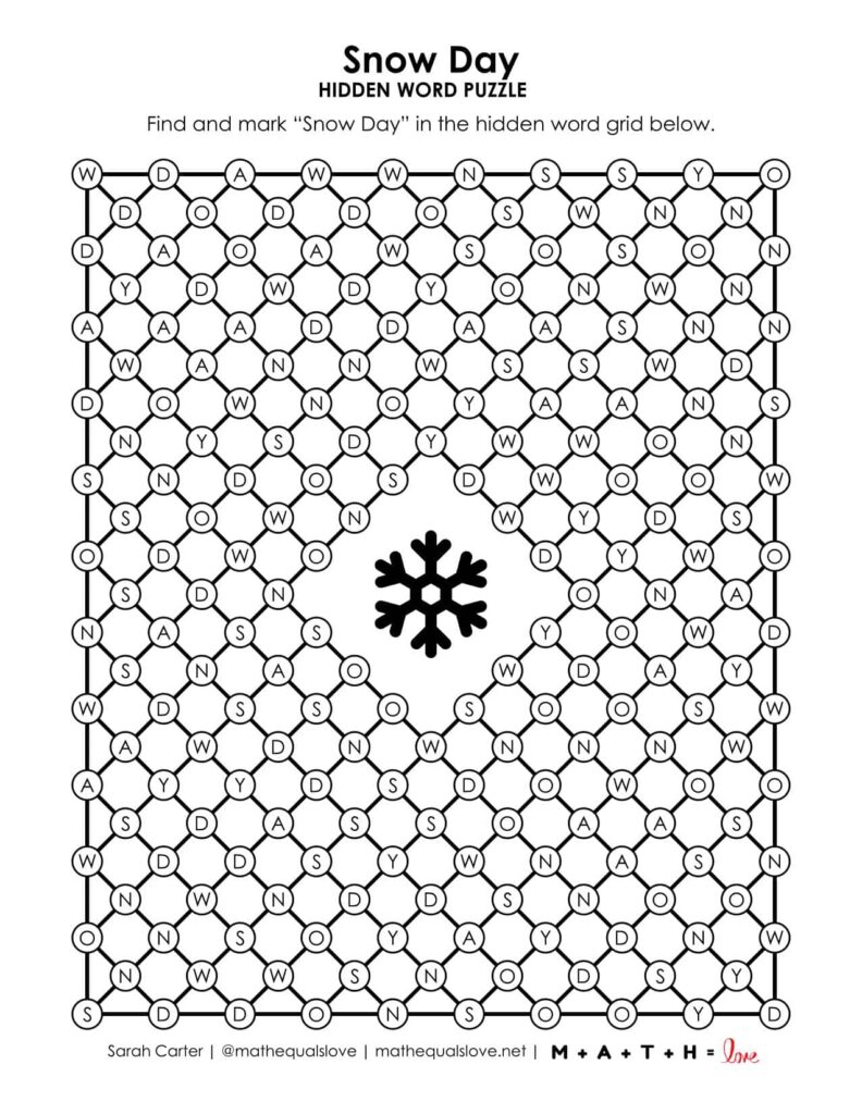 snow day hidden word puzzle. 