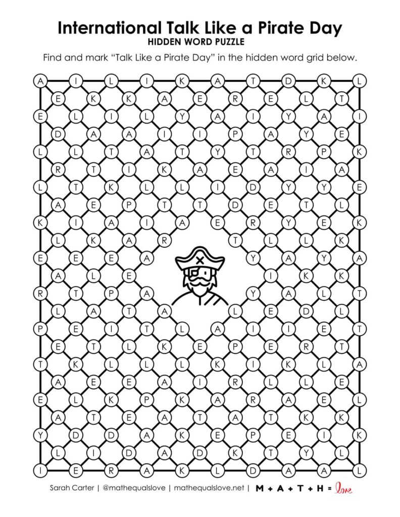 Talk like a pirate hidden word puzzle. 