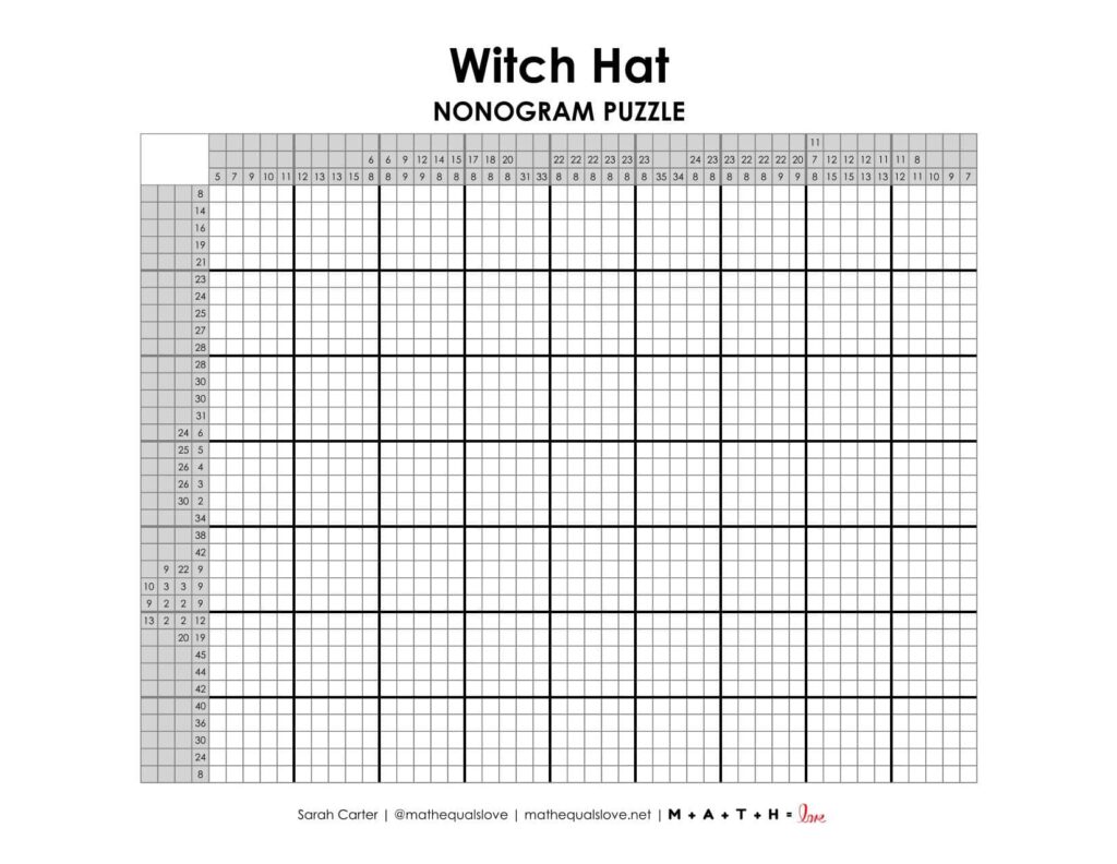 witch hat nonogram puzzle printable for halloween. 