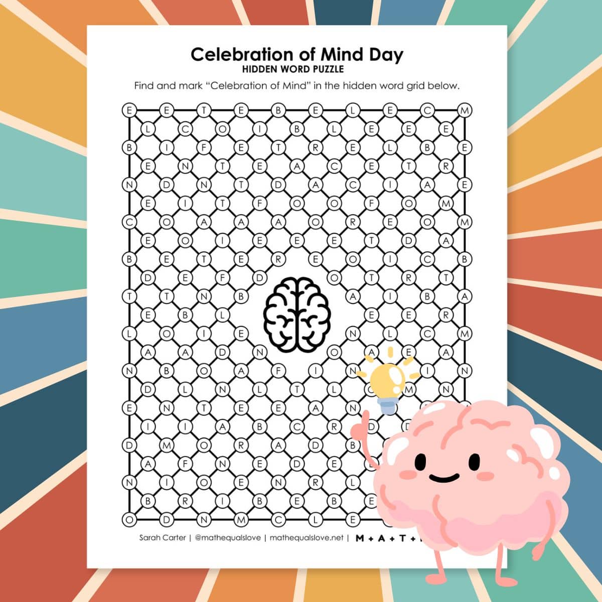 Celebration of Mind Day Hidden Word Puzzle.