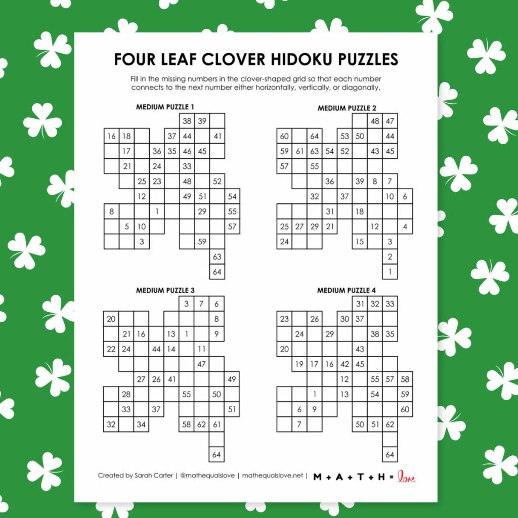 four leaf clover hidoku logic puzzle for st patricks day. 