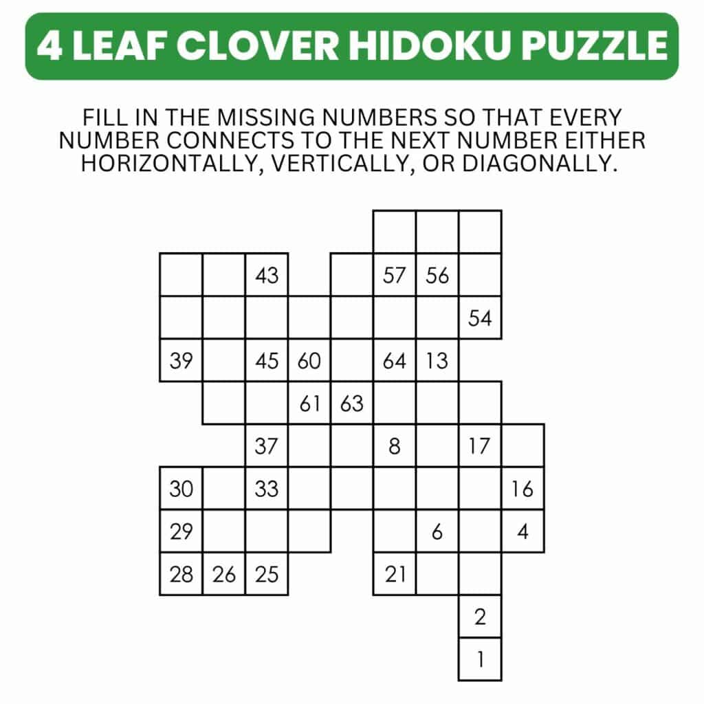 instructions for four leaf clover hidoku puzzle. 